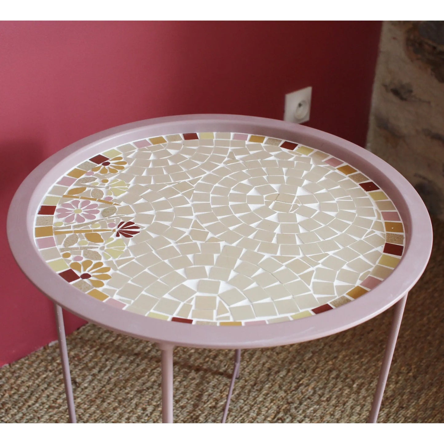 Table fleurs couleurs, fait main en grès cérame, diamètre 40cm avec accroche derrière, miroir 20cm Amelia Hurst Art