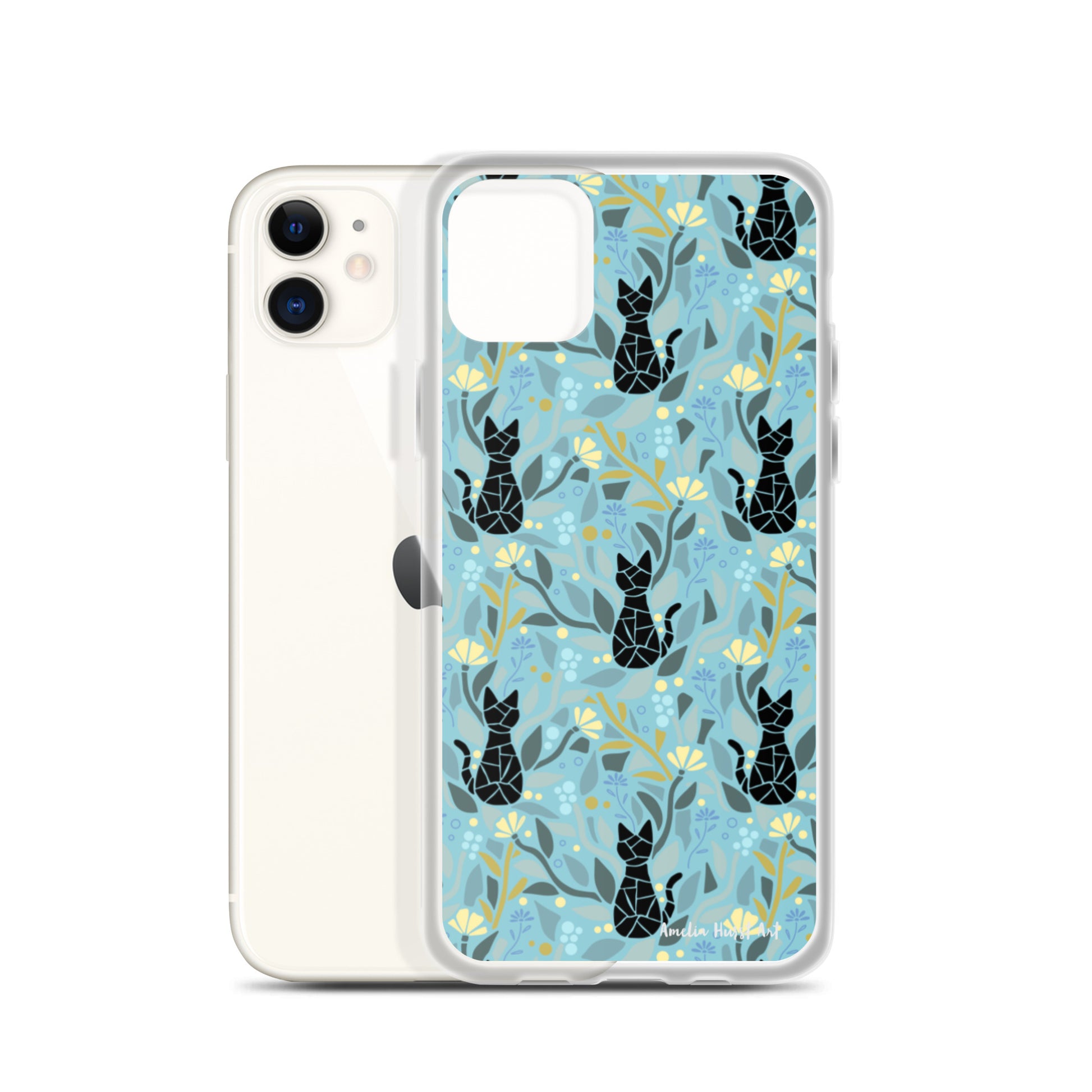 Une Coque pour iPhone avec motifs chat et florale, différents modèles disponibles Amelia Hurst Art