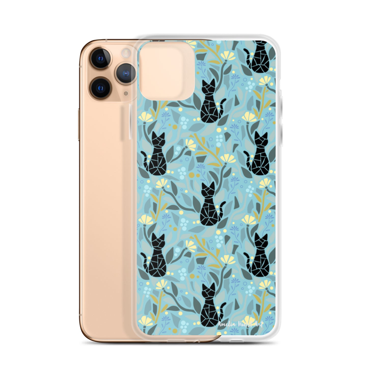 Une Coque pour iPhone avec motifs chat et florale, différents modèles disponibles Amelia Hurst Art