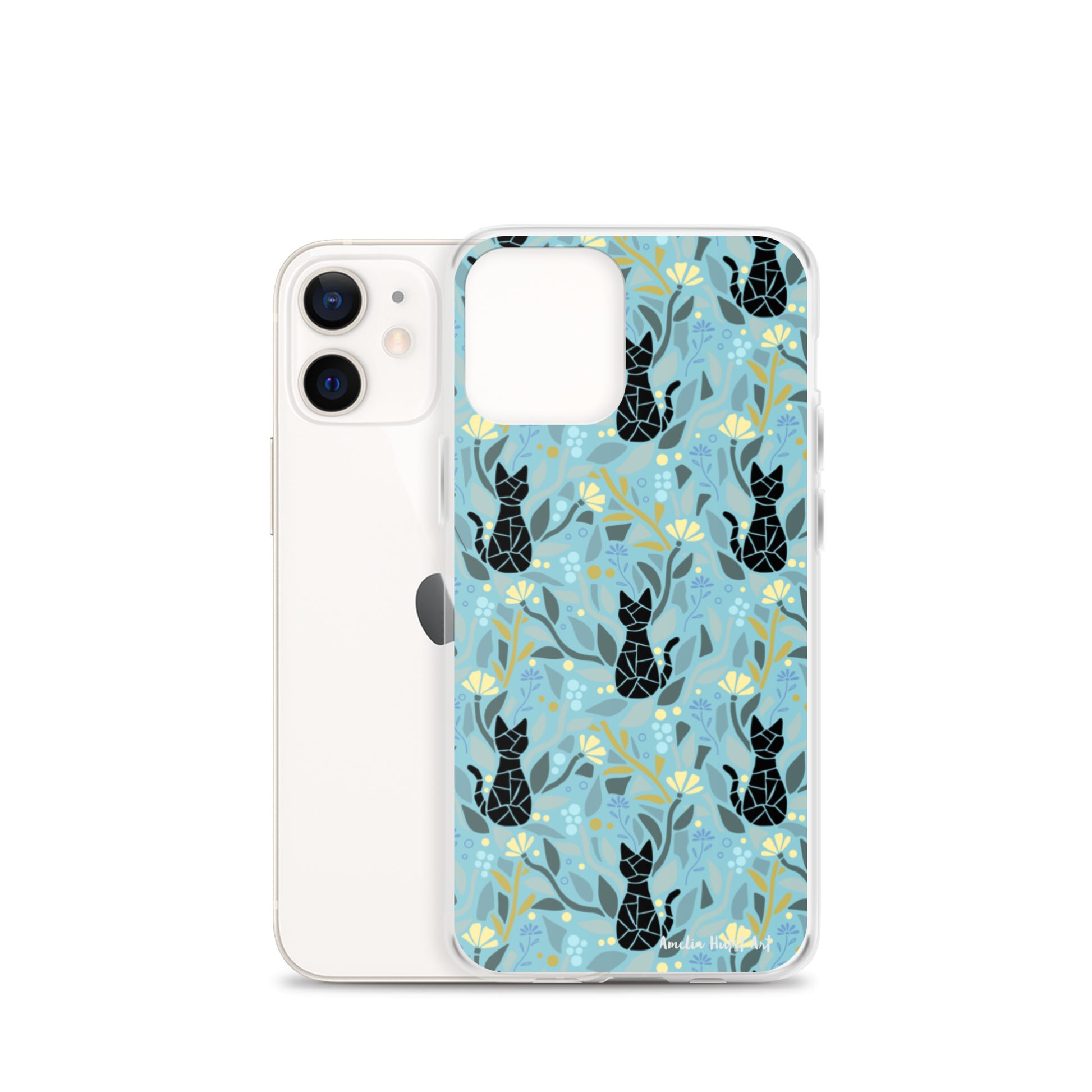 Une Coque pour iPhone avec motifs chat et florale, différents modèles disponibles Amelia Hurst Art