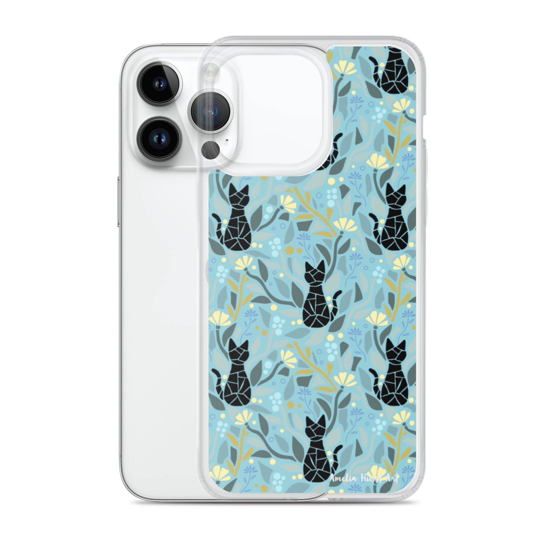 Une Coque pour iPhone avec motifs chat et florale, différents modèles disponibles Amelia Hurst Art