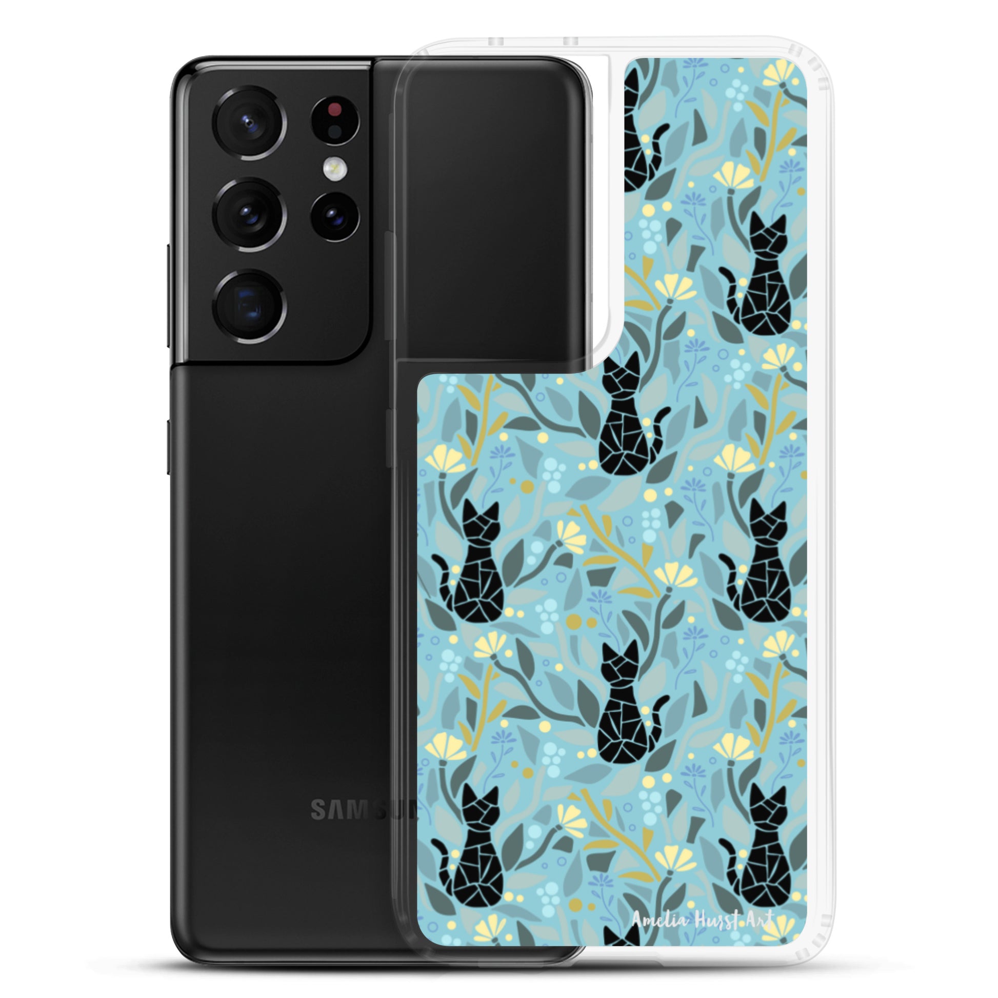 Une Coque Samsung avec motif fleurs et chats, différents modèles disponibles Amelia Hurst Art